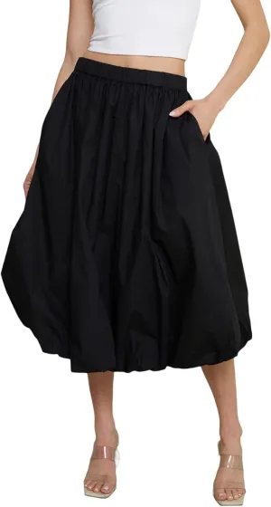 SOLILOQUY Women's Balloon Long Skirt Y2k Low Waist Solid Color A-Line Pleated Bubble Maxi Skirt Casual Puff Flowy Skirts