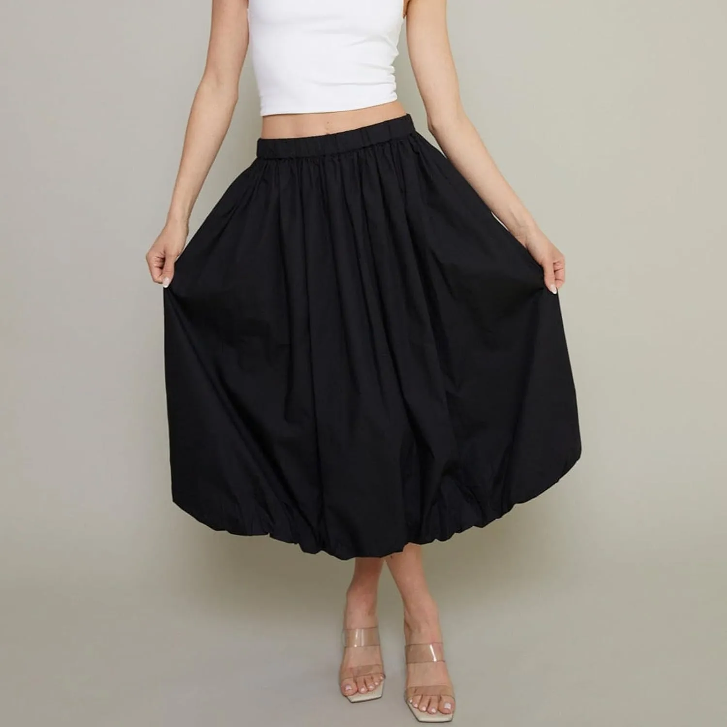 SOLILOQUY Women's Balloon Long Skirt Y2k Low Waist Solid Color A-Line Pleated Bubble Maxi Skirt Casual Puff Flowy Skirts