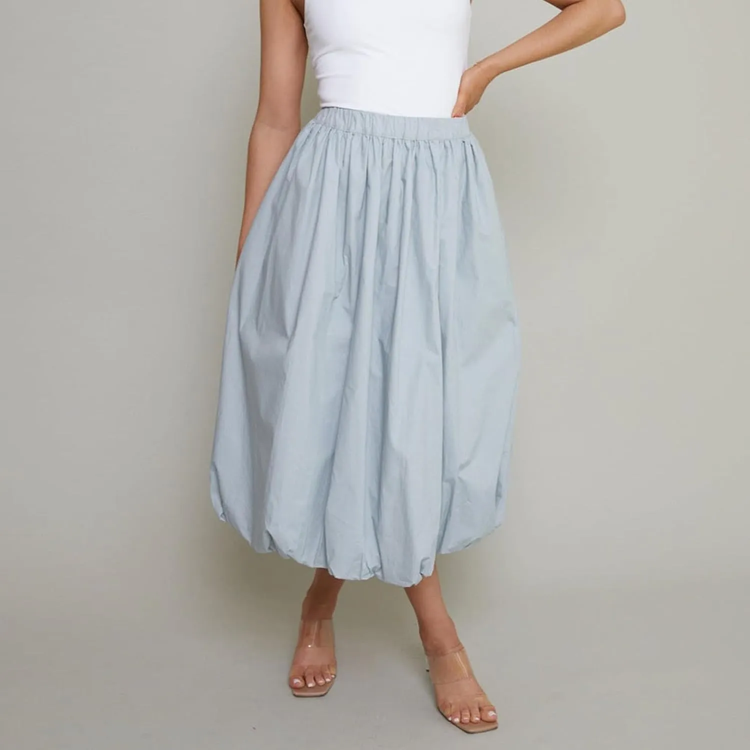 SOLILOQUY Women's Balloon Long Skirt Y2k Low Waist Solid Color A-Line Pleated Bubble Maxi Skirt Casual Puff Flowy Skirts