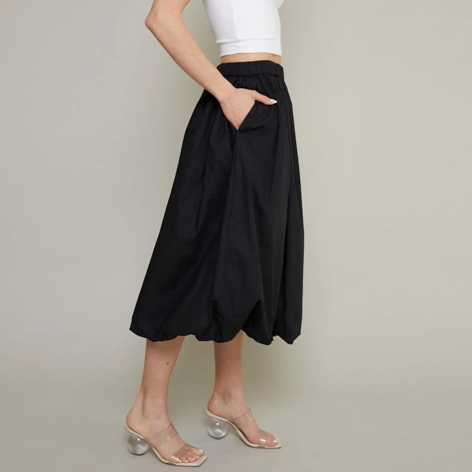 SOLILOQUY Women's Balloon Long Skirt Y2k Low Waist Solid Color A-Line Pleated Bubble Maxi Skirt Casual Puff Flowy Skirts