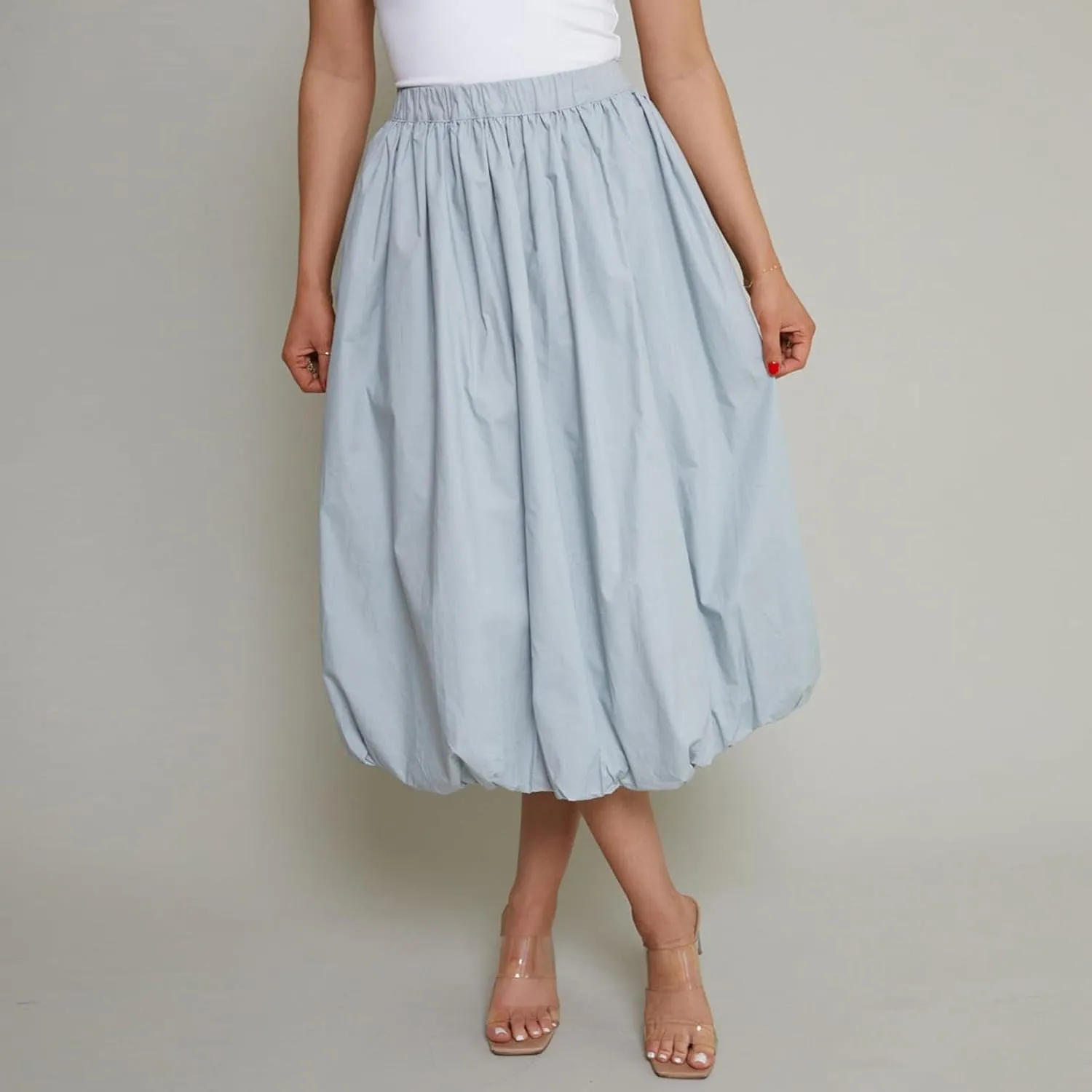 SOLILOQUY Women's Balloon Long Skirt Y2k Low Waist Solid Color A-Line Pleated Bubble Maxi Skirt Casual Puff Flowy Skirts