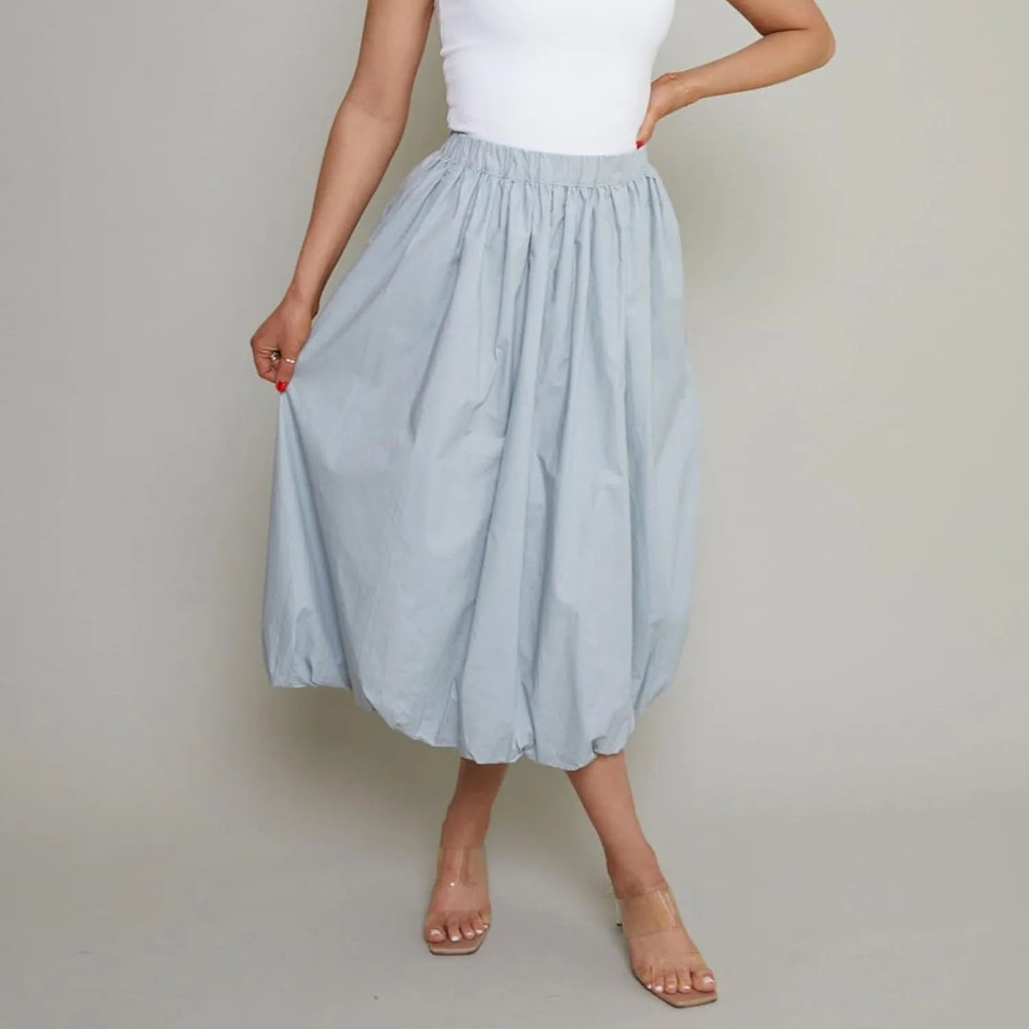 SOLILOQUY Women's Balloon Long Skirt Y2k Low Waist Solid Color A-Line Pleated Bubble Maxi Skirt Casual Puff Flowy Skirts