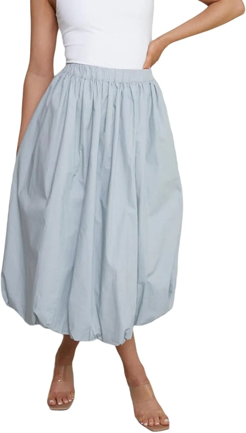 SOLILOQUY Women's Balloon Long Skirt Y2k Low Waist Solid Color A-Line Pleated Bubble Maxi Skirt Casual Puff Flowy Skirts