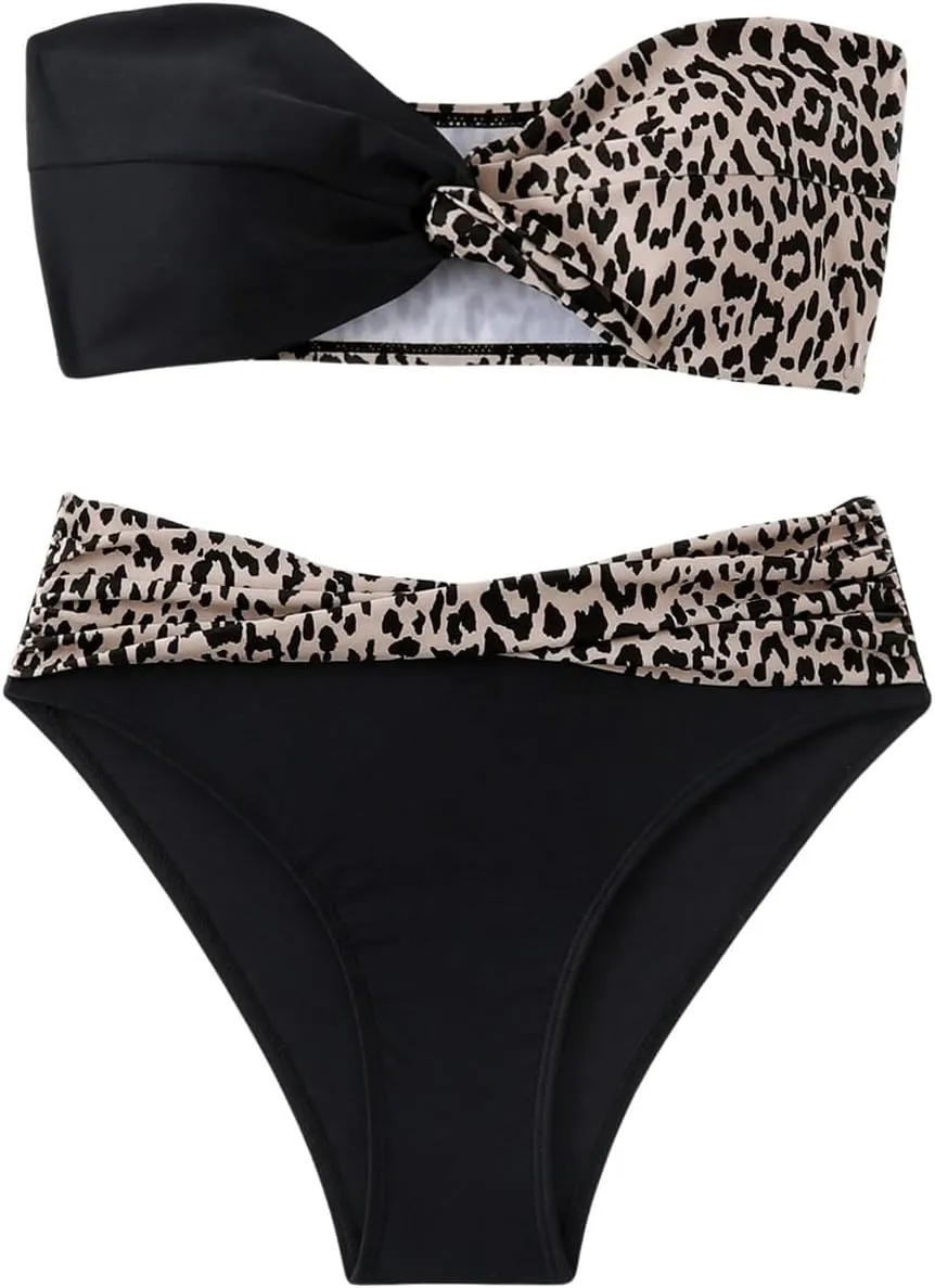 SOLY HUX Bikini Sets for Women Leopard Print Color Block Twist Bandeau Bathing Suit Two Piece Swimsuit