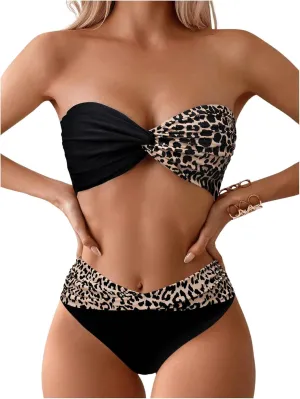 SOLY HUX Bikini Sets for Women Leopard Print Color Block Twist Bandeau Bathing Suit Two Piece Swimsuit
