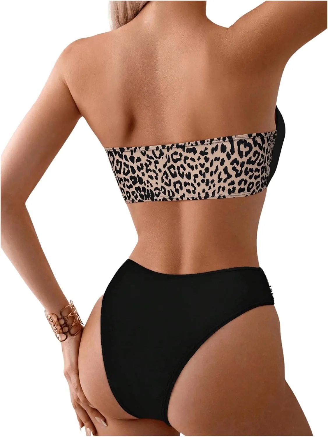 SOLY HUX Bikini Sets for Women Leopard Print Color Block Twist Bandeau Bathing Suit Two Piece Swimsuit