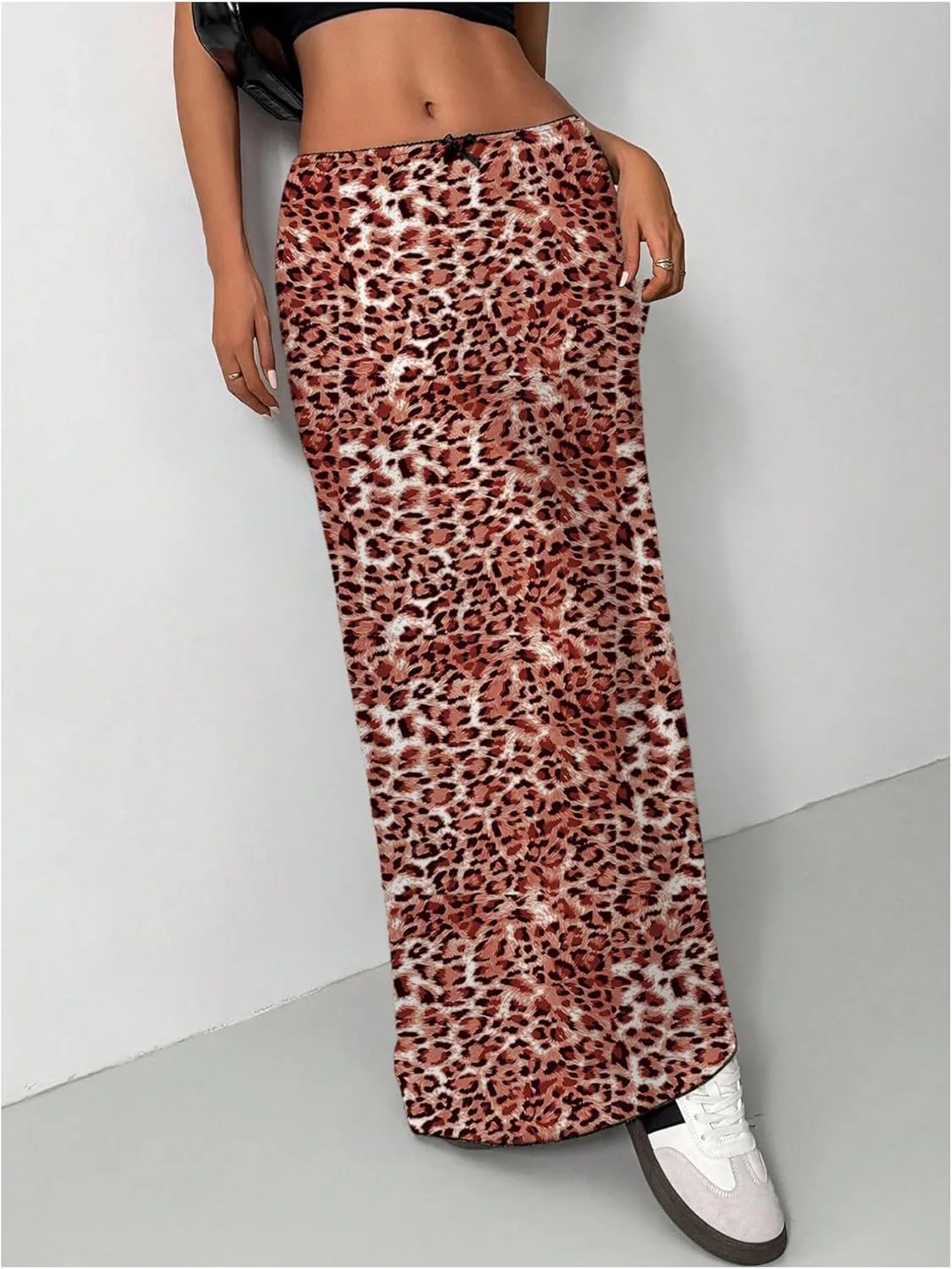 SOLY HUX Women's Leopard Maxi Skirt Y2k Low Rise Bow Cheetah Print Casual Long Skirts