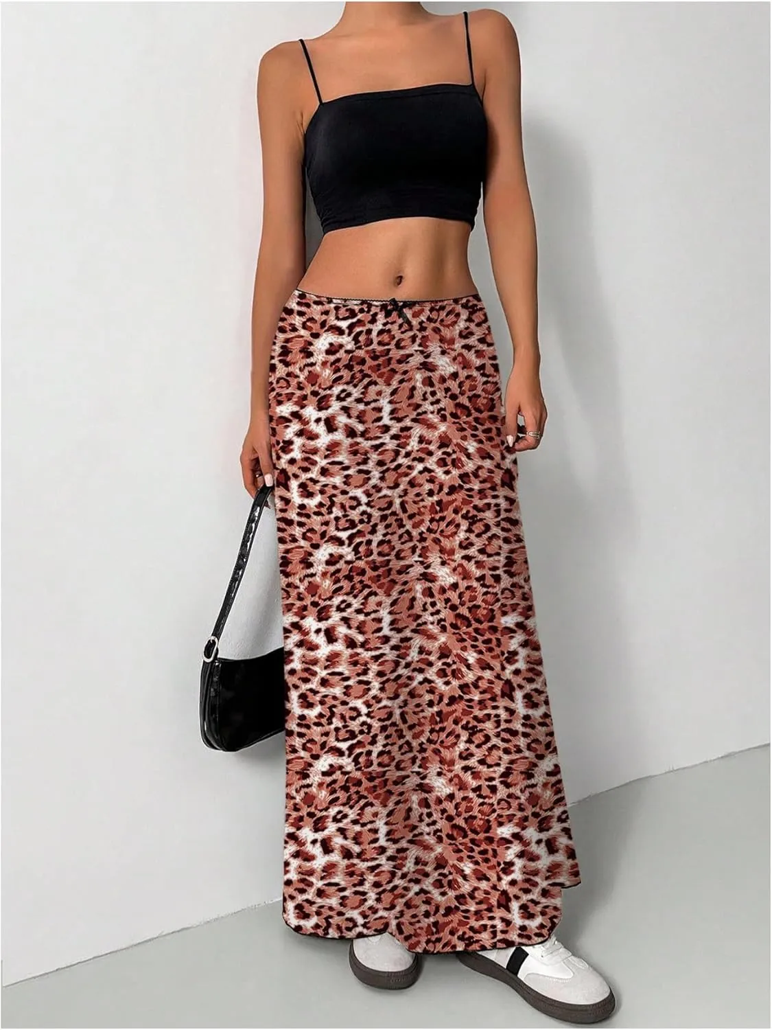 SOLY HUX Women's Leopard Maxi Skirt Y2k Low Rise Bow Cheetah Print Casual Long Skirts