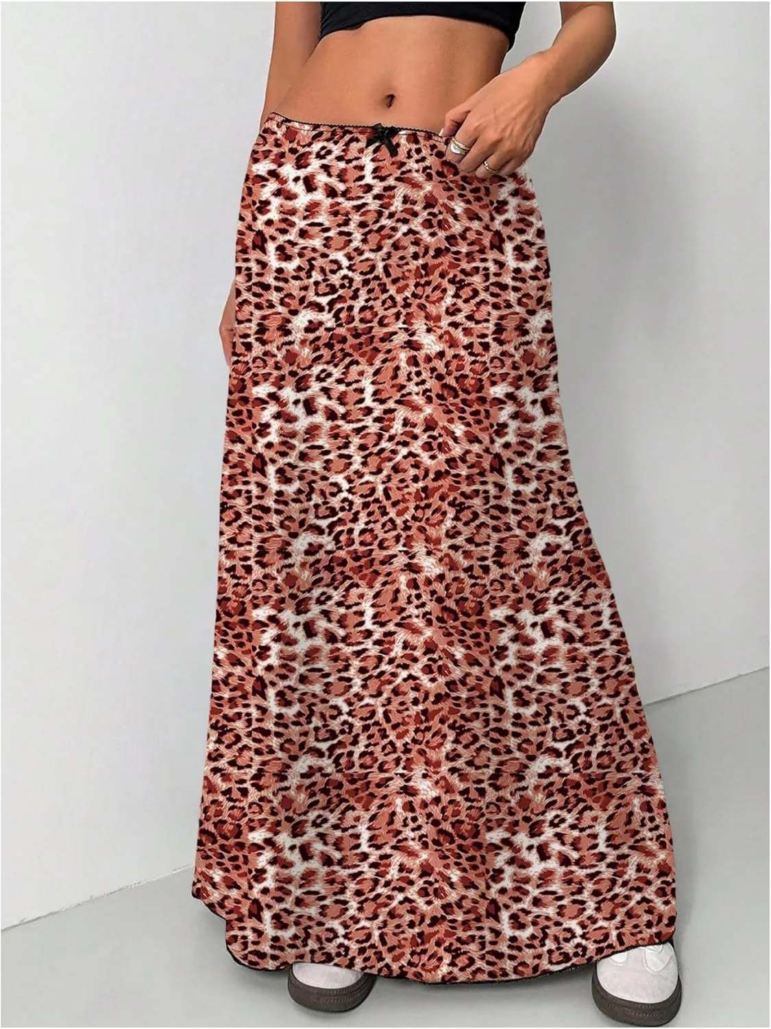 SOLY HUX Women's Leopard Maxi Skirt Y2k Low Rise Bow Cheetah Print Casual Long Skirts