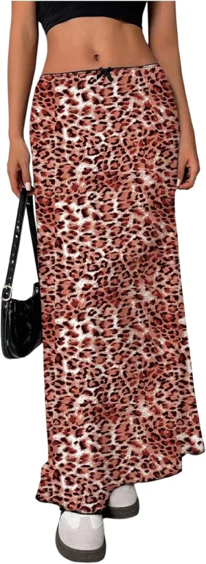 SOLY HUX Women's Leopard Maxi Skirt Y2k Low Rise Bow Cheetah Print Casual Long Skirts
