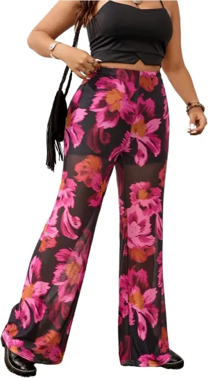SOLY HUX Women's Plus Size Lace Mesh Pants High Waisted Sheer Flare Leg Party Pants Clubwear