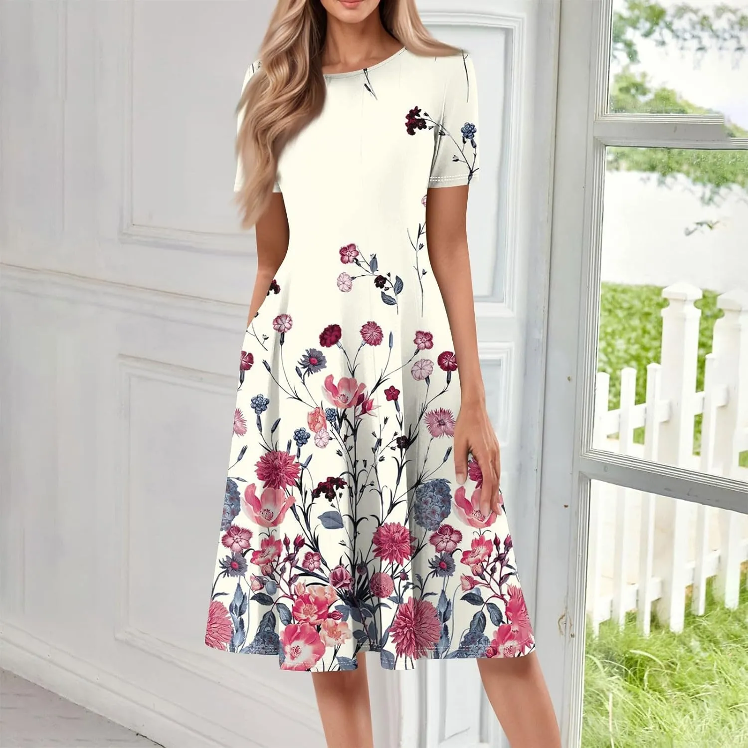 Spring Dresses for Women 2025 Cinched Waist Short Sleeve with Side Pocket Vacation Dress Baggy Midi Crewneck Dress
