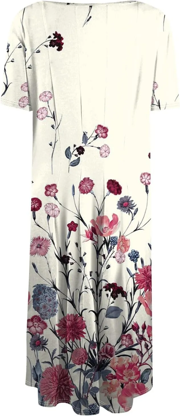 Spring Dresses for Women 2025 Cinched Waist Short Sleeve with Side Pocket Vacation Dress Baggy Midi Crewneck Dress