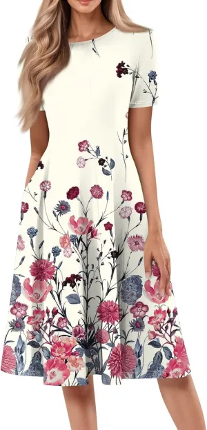 Spring Dresses for Women 2025 Cinched Waist Short Sleeve with Side Pocket Vacation Dress Baggy Midi Crewneck Dress