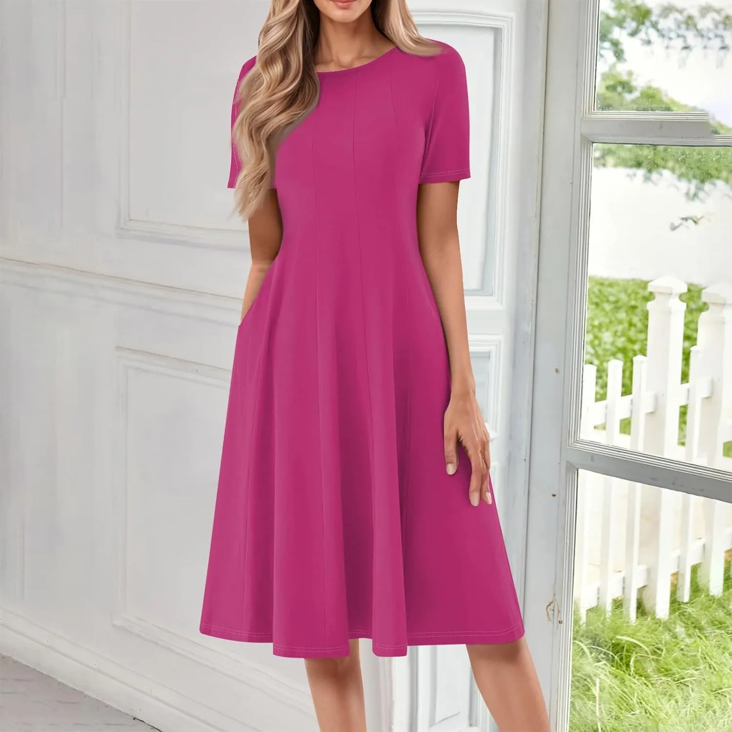 Spring Dresses for Women 2025 Cinched Waist Short Sleeve with Side Pocket Women Dress Plus Size Midi Crewneck Dress