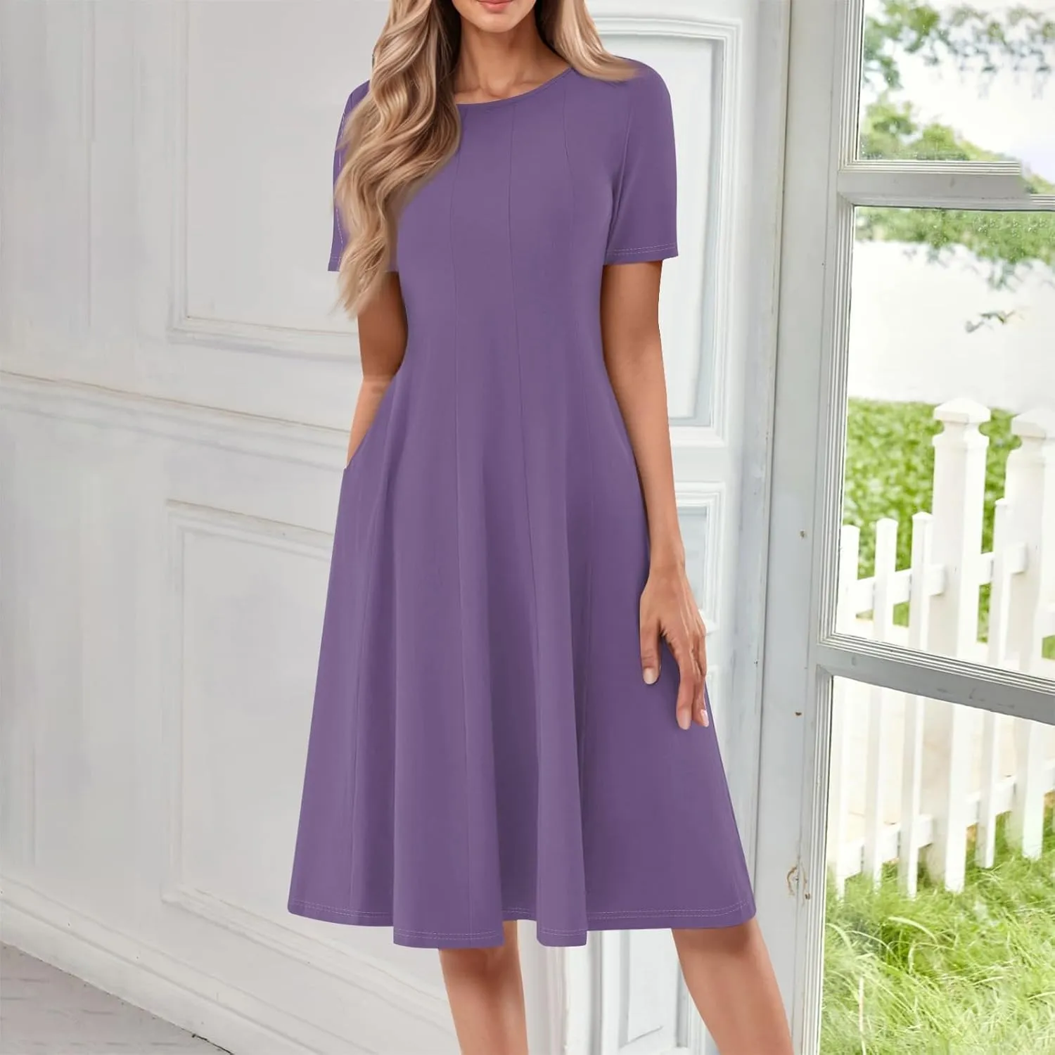 Spring Dresses for Women 2025 Cinched Waist Short Sleeve with Side Pocket Women Dress Plus Size Midi Crewneck Dress
