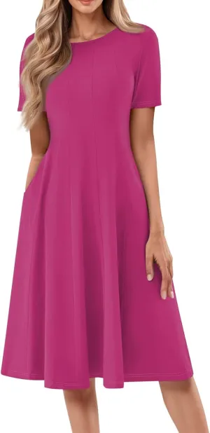 Spring Dresses for Women 2025 Cinched Waist Short Sleeve with Side Pocket Women Dress Plus Size Midi Crewneck Dress