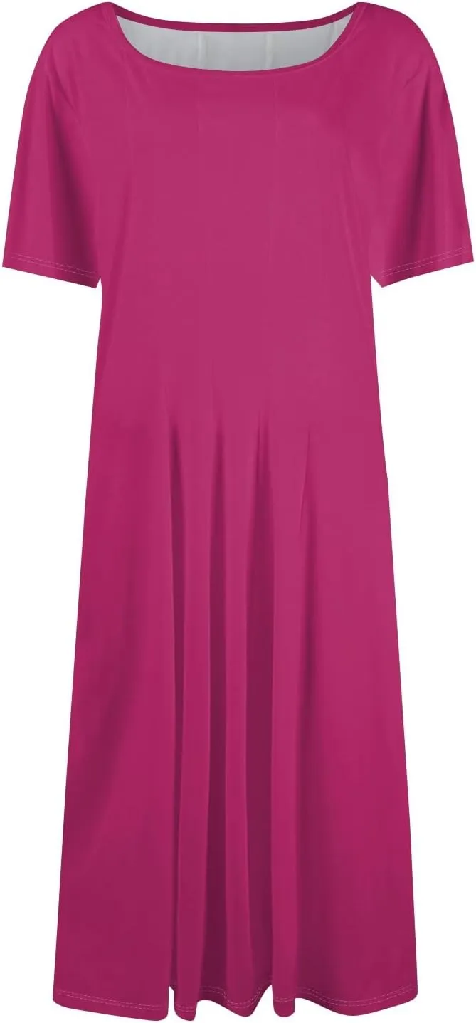 Spring Dresses for Women 2025 Cinched Waist Short Sleeve with Side Pocket Women Dress Plus Size Midi Crewneck Dress