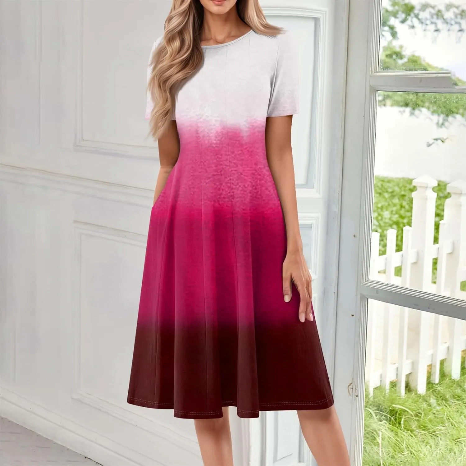 Spring Dresses for Women 2025 Cinched Waist Short Sleeve with Side Pocket Womens Dress Flowy Midi Scoop Neck Dress