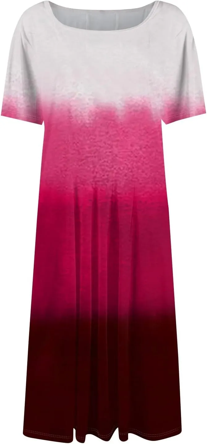Spring Dresses for Women 2025 Cinched Waist Short Sleeve with Side Pocket Womens Dress Flowy Midi Scoop Neck Dress