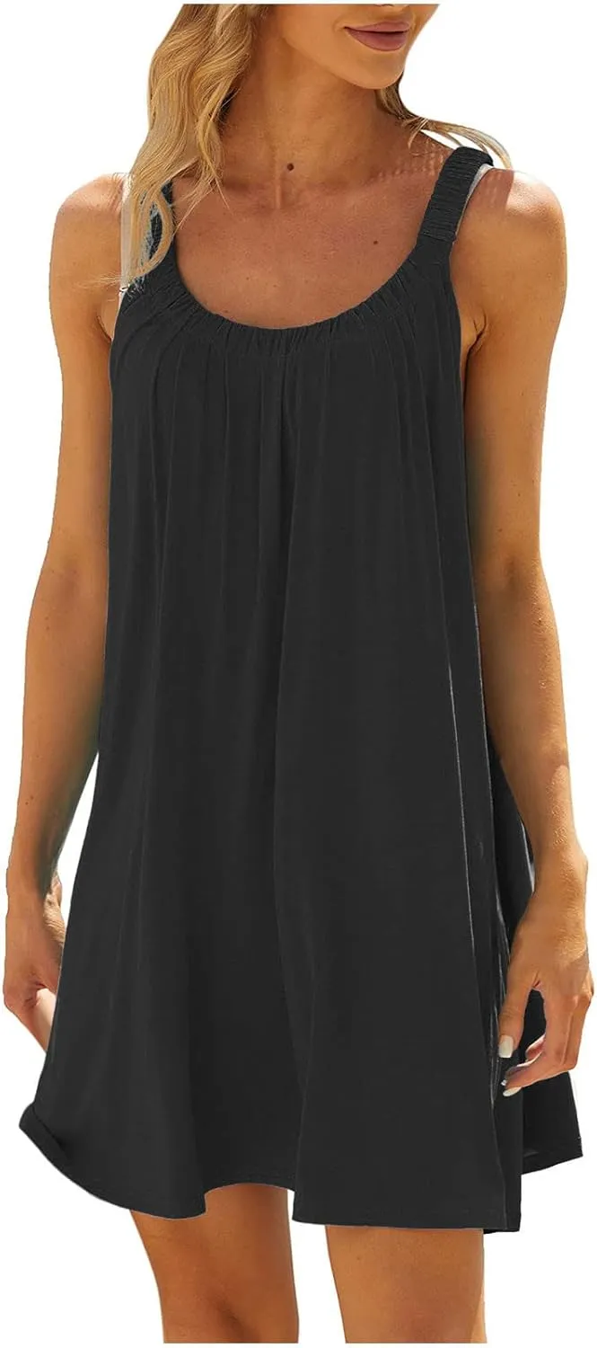 Summer Beach Dresses for Women,2024 Strappy Tank Dress Sleeveless Loose Flowy Mini Sundress Smocked Shift Tunic Dress