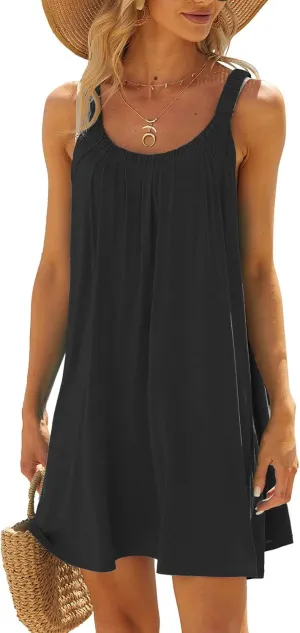 Summer Beach Dresses for Women,2024 Strappy Tank Dress Sleeveless Loose Flowy Mini Sundress Smocked Shift Tunic Dress