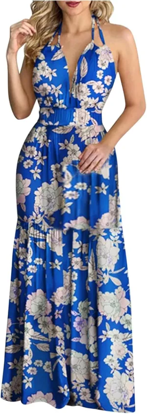 Summer Dresses for Women 2024 Fashion Sexy Floral Tropical Beach Halter Sundress Hawaiian Backless Long Maxi Dress