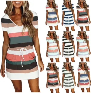 Summer Dresses for Women 2024 Vacation Casual Short Sleeve v Neck Drawstring Mini Dress Striped Tshirt Dress