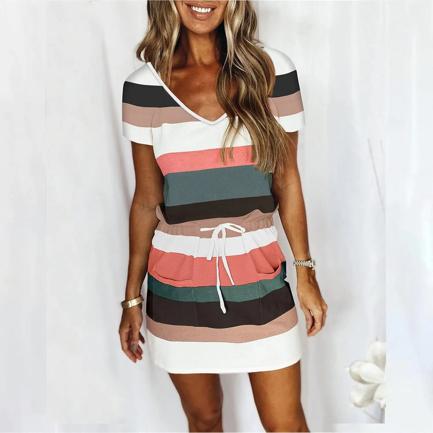 Summer Dresses for Women 2024 Vacation Casual Short Sleeve v Neck Drawstring Mini Dress Striped Tshirt Dress
