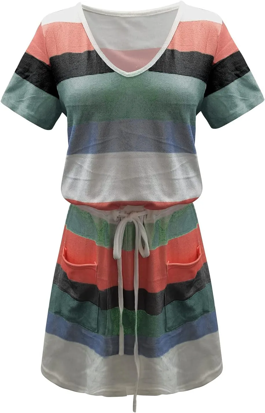 Summer Dresses for Women 2024 Vacation Casual Short Sleeve v Neck Drawstring Mini Dress Striped Tshirt Dress