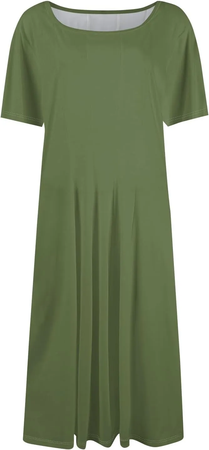 Summer Dresses for Women 2025 Beach Vacation Spring Clothes Short Sleeve Round Neck Fashion Midi Dress