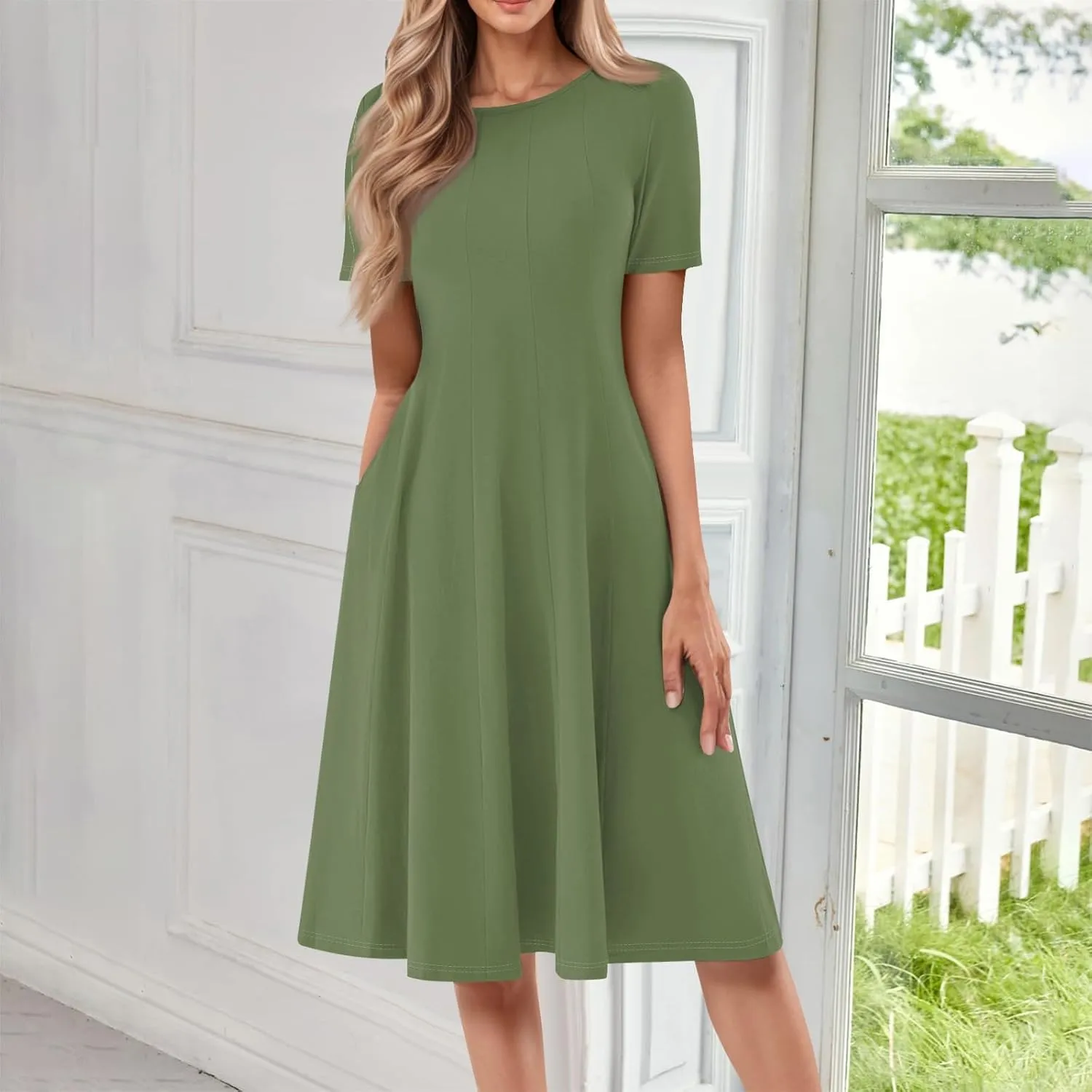Summer Dresses for Women 2025 Beach Vacation Spring Clothes Short Sleeve Round Neck Fashion Midi Dress