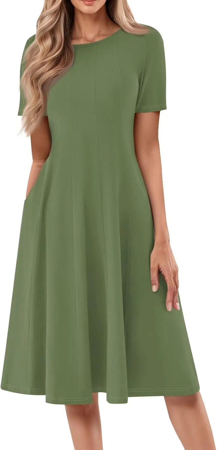 Summer Dresses for Women 2025 Beach Vacation Spring Clothes Short Sleeve Round Neck Fashion Midi Dress