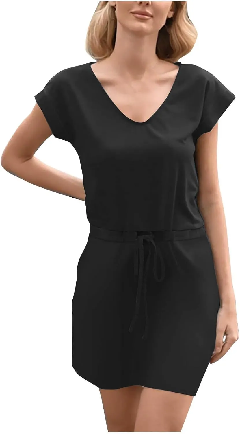 Summer Dresses for Women 2025 Casual V-Neck Short Sleeve Sundress Ladies Fashion Work Mini Dresses with Pockets