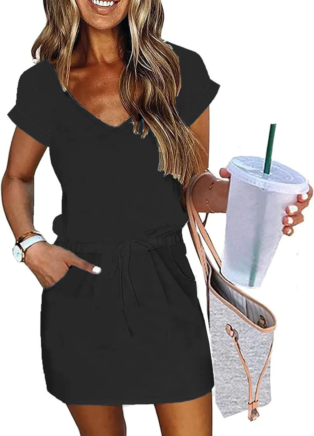 Summer Dresses for Women 2025 Casual V-Neck Short Sleeve Sundress Ladies Fashion Work Mini Dresses with Pockets