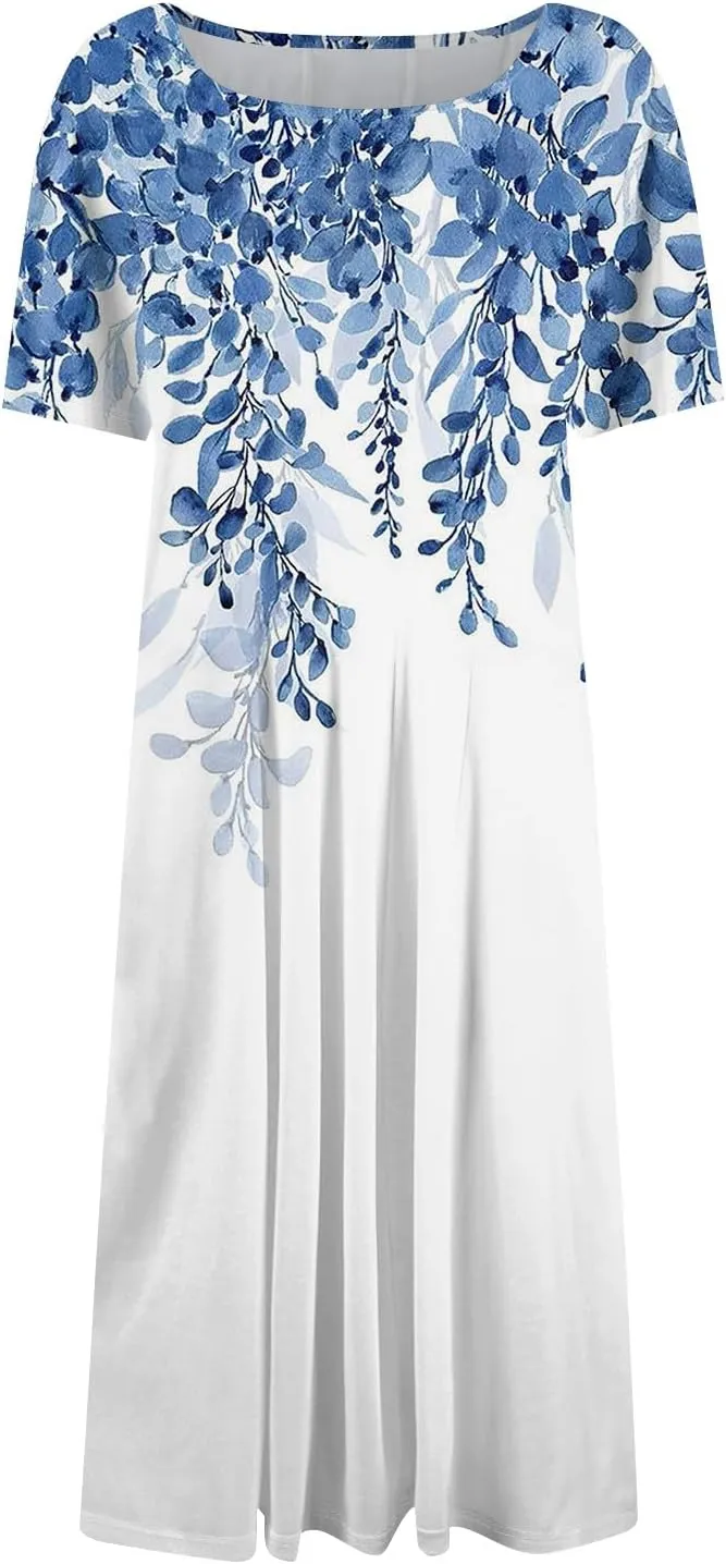 Summer Dresses for Women 2025 Midi Short Sleeve Crew Neck Women Dress Fashion Pleated with Side Pocket A Line Dress