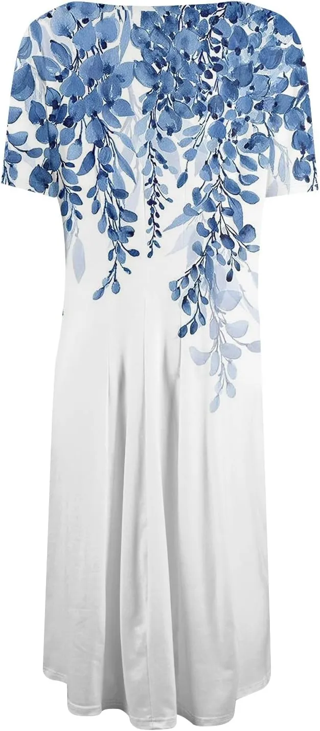 Summer Dresses for Women 2025 Midi Short Sleeve Crew Neck Women Dress Fashion Pleated with Side Pocket A Line Dress