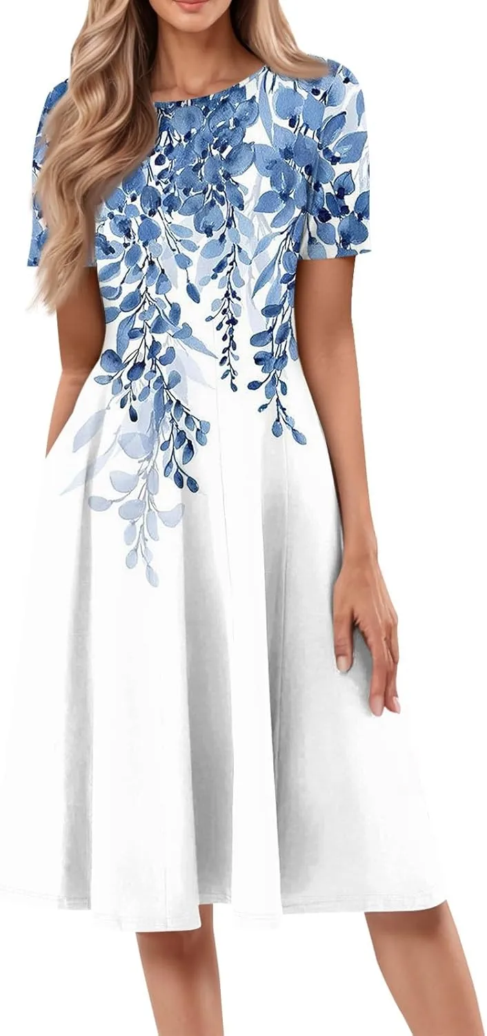 Summer Dresses for Women 2025 Midi Short Sleeve Crew Neck Women Dress Fashion Pleated with Side Pocket A Line Dress
