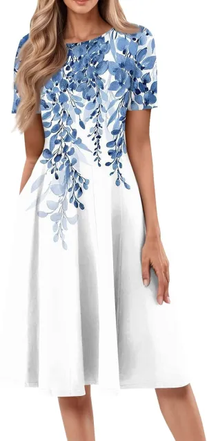 Summer Dresses for Women 2025 Midi Short Sleeve Crew Neck Women Dress Fashion Pleated with Side Pocket A Line Dress
