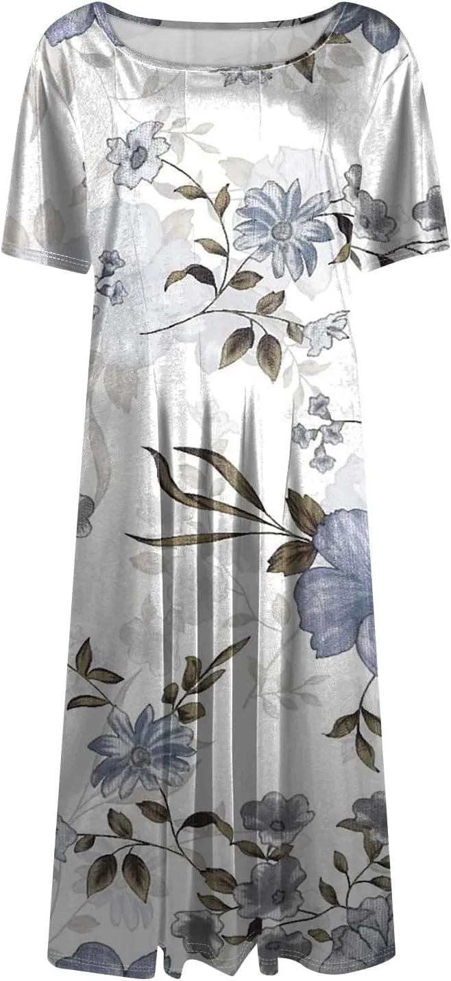 Summer Dresses for Women 2025 Midi Short Sleeve Round Neck Spring Dress Tender Pleated with Side Pocket A Line Dress