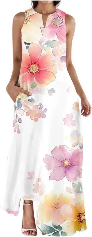 Summer Dresses for Women 2025 Vacation Crewneck Sleeveless Sundresses Casual Loose Flowy Floral Boho Beach Long Dress