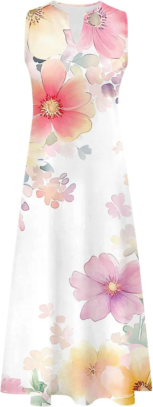 Summer Dresses for Women 2025 Vacation Crewneck Sleeveless Sundresses Casual Loose Flowy Floral Boho Beach Long Dress