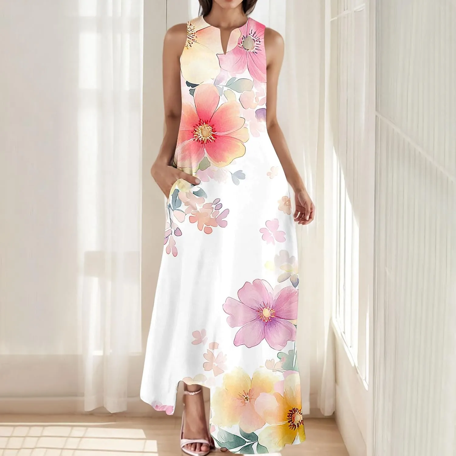 Summer Dresses for Women 2025 Vacation Crewneck Sleeveless Sundresses Casual Loose Flowy Floral Boho Beach Long Dress