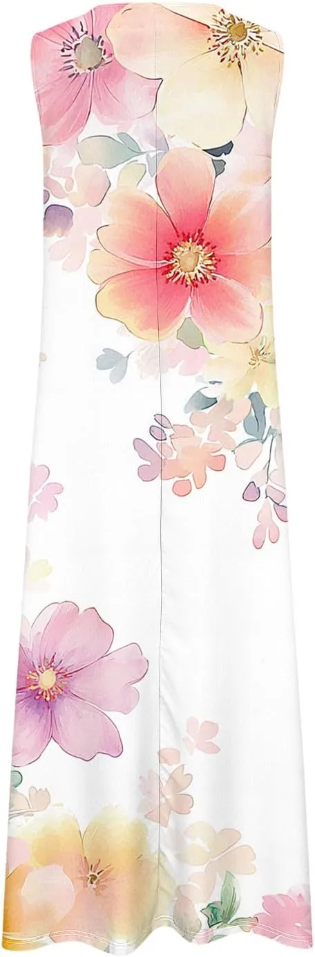 Summer Dresses for Women 2025 Vacation Crewneck Sleeveless Sundresses Casual Loose Flowy Floral Boho Beach Long Dress