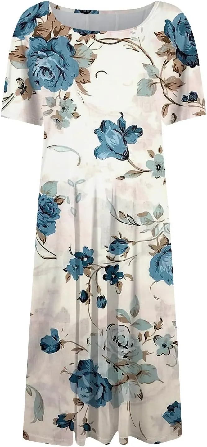 Summer Dresses for Women Flowy Floral Short Sleeve Dress Casual Beach Tshirt Dress Aline Midi Dresses with Pockets