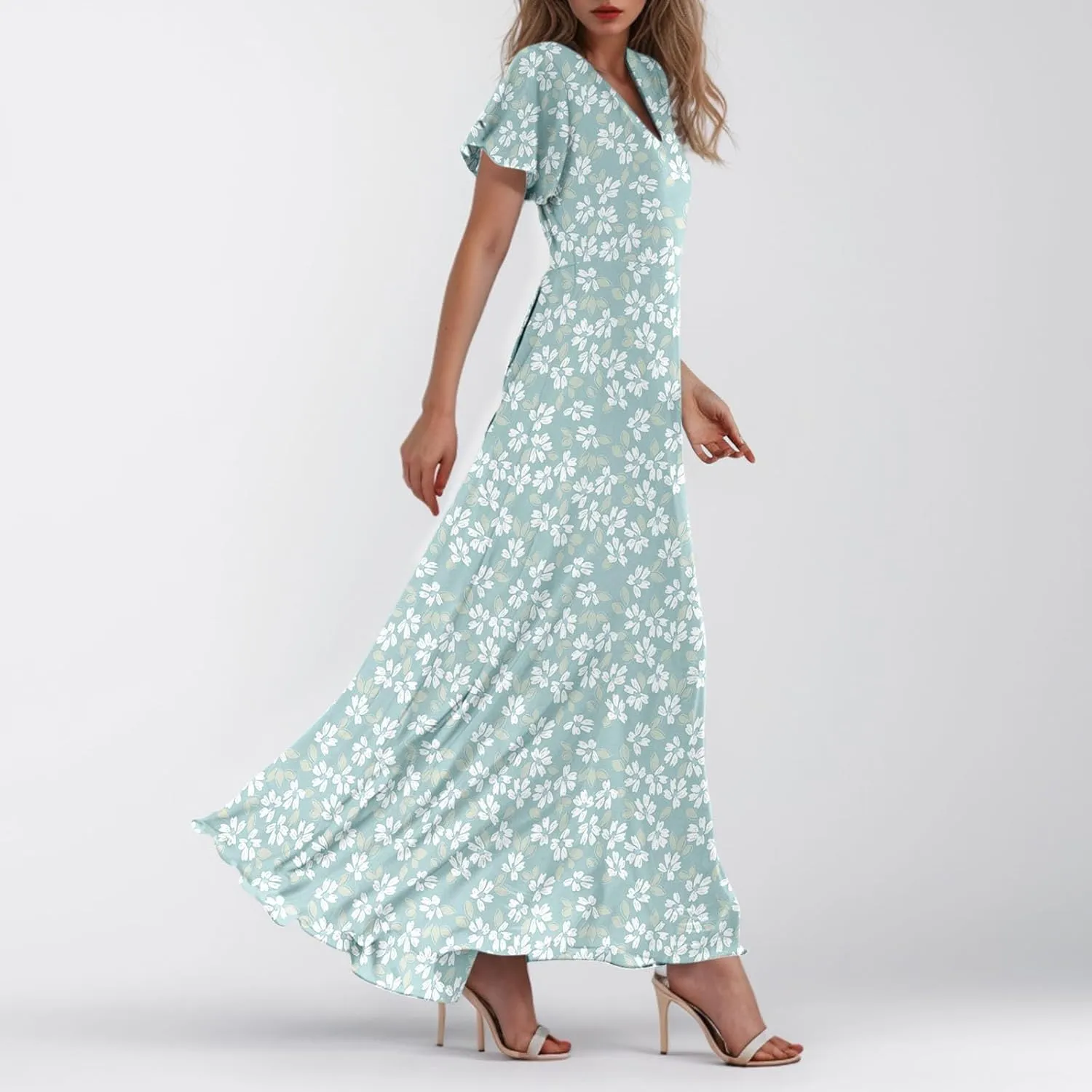 Summer Dresses for Women Highwaisted Flowy Maxi Dress Chiffon Ruffle Sleeve Boho Floral Dresses Western Wedding Dress