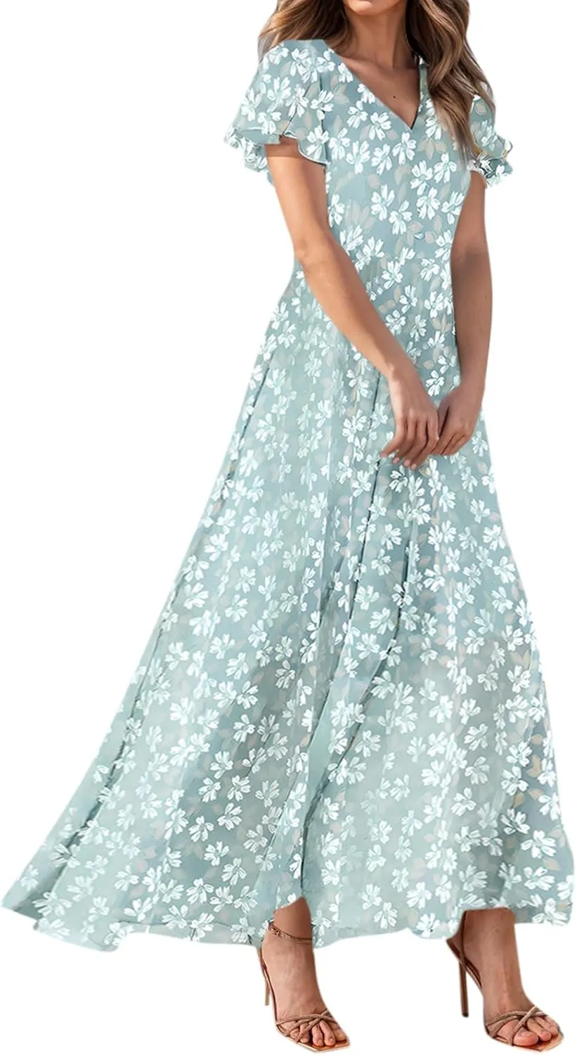 Summer Dresses for Women Highwaisted Flowy Maxi Dress Chiffon Ruffle Sleeve Boho Floral Dresses Western Wedding Dress
