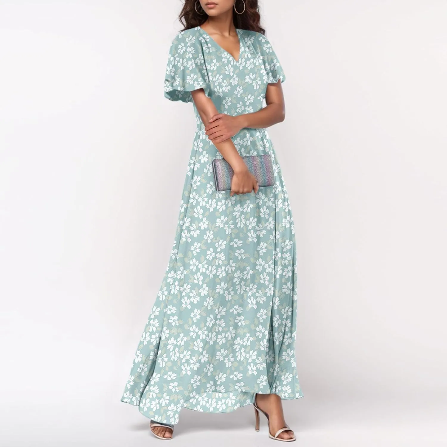 Summer Dresses for Women Highwaisted Flowy Maxi Dress Chiffon Ruffle Sleeve Boho Floral Dresses Western Wedding Dress