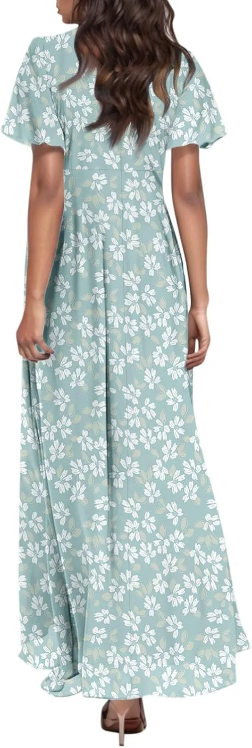Summer Dresses for Women Highwaisted Flowy Maxi Dress Chiffon Ruffle Sleeve Boho Floral Dresses Western Wedding Dress