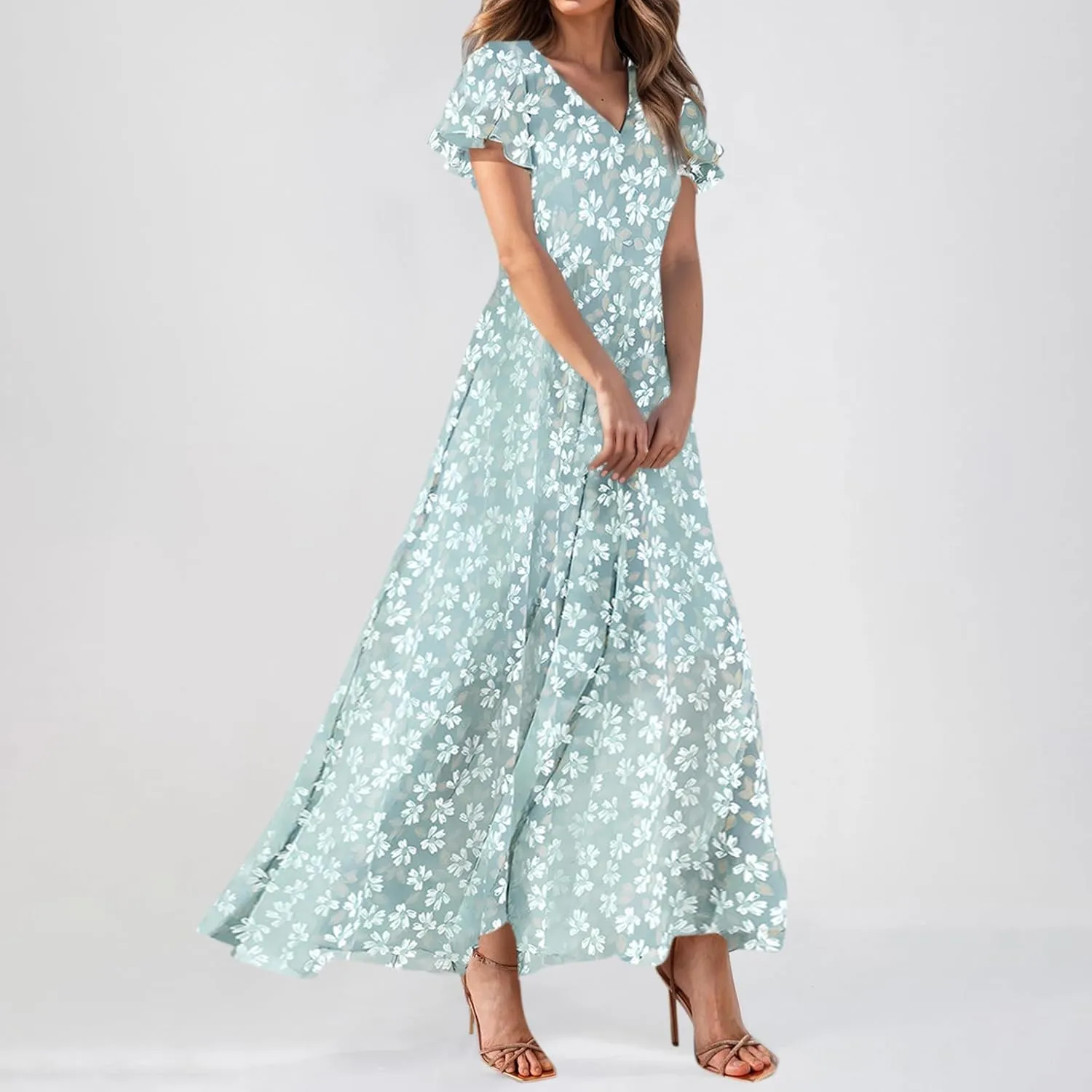 Summer Dresses for Women Highwaisted Flowy Maxi Dress Chiffon Ruffle Sleeve Boho Floral Dresses Western Wedding Dress